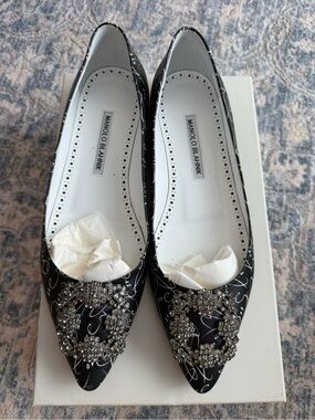 Manolo Blahnik Black Crystal-Embellished Pointed Flats
